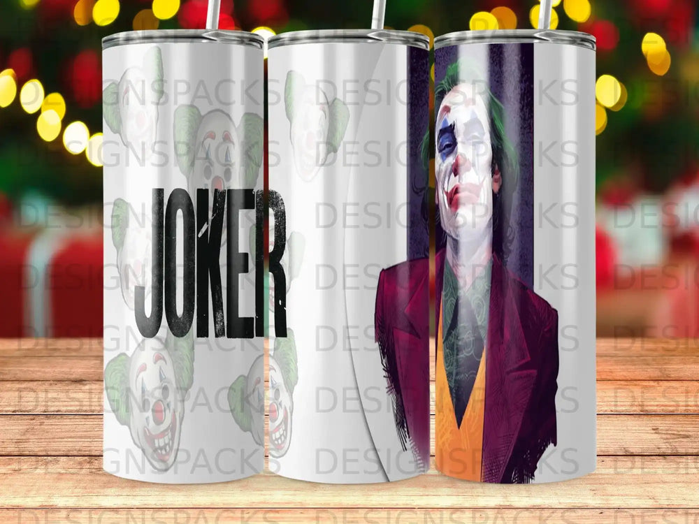 Joker graphic on a white tumbler with repeating watermark text.