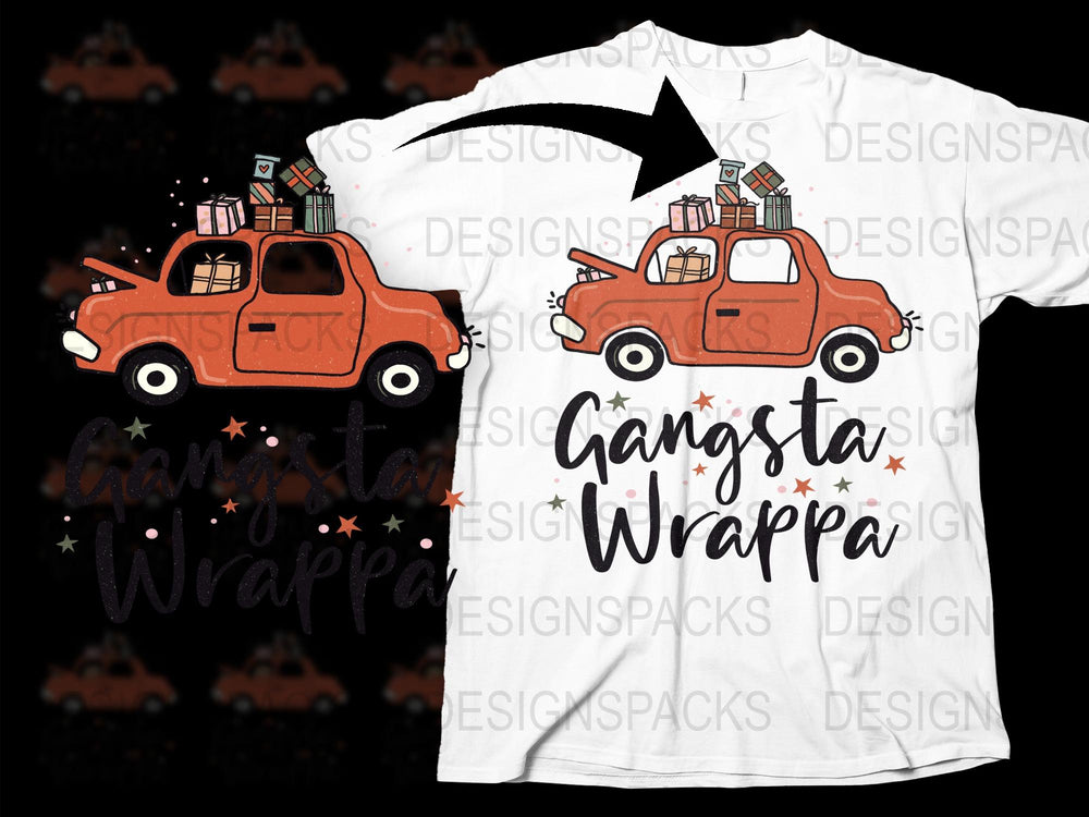 Funny Christmas T-Shirt, Gangsta Wrappa Tee, Holiday Car and Gifts Graphic, Festive Winter Apparel for Adults