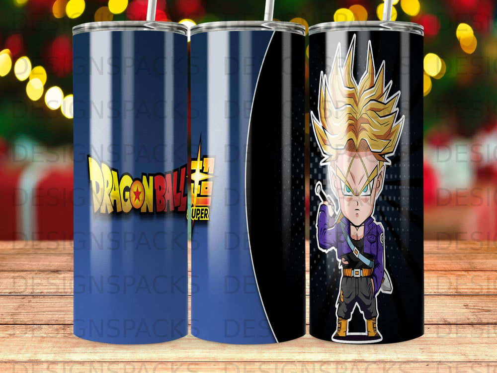 Dragon Ball Z Trunks character on a blue and black tumbler.