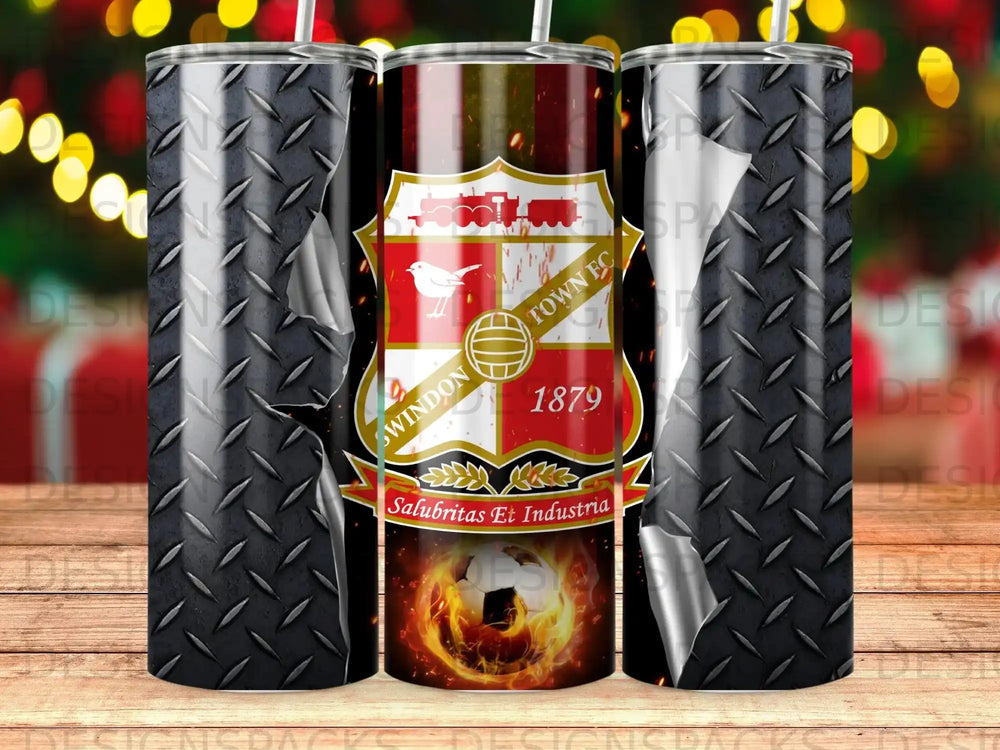Swindon Town FC logo with "1879" and motto on a diamond plate tumbler.