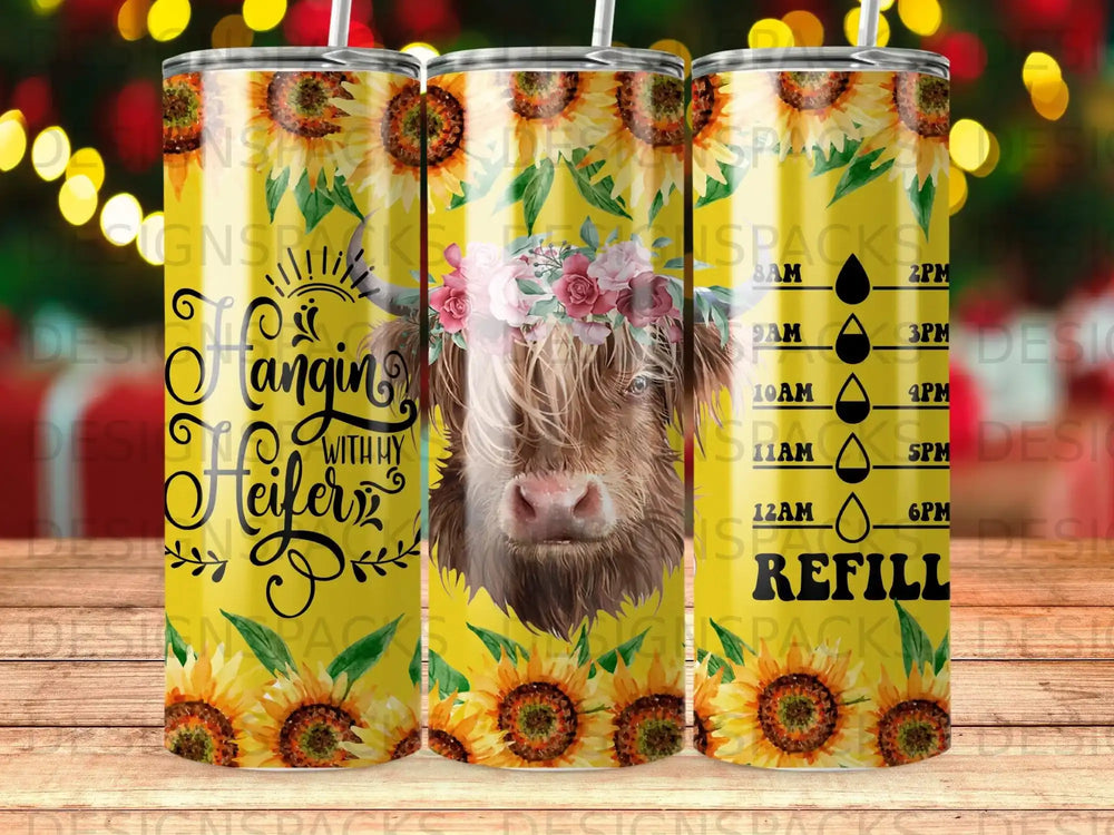 Sunflower and cow tumbler with daily water intake tracker.