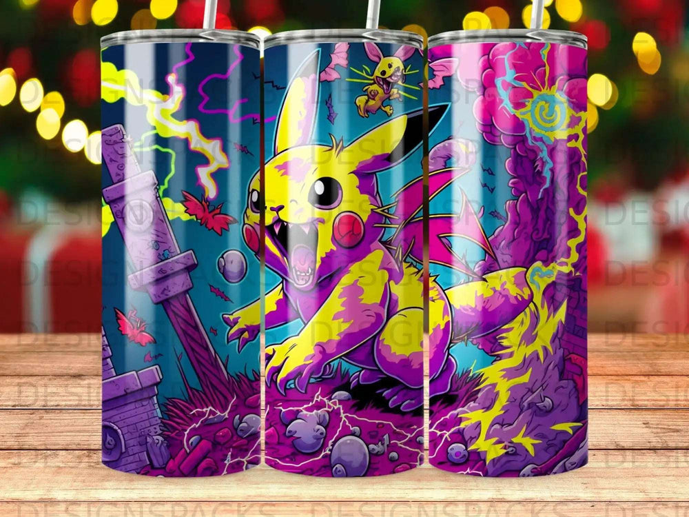 Pikachu in action, surrounded by lightning and vibrant colors, on a tumbler.