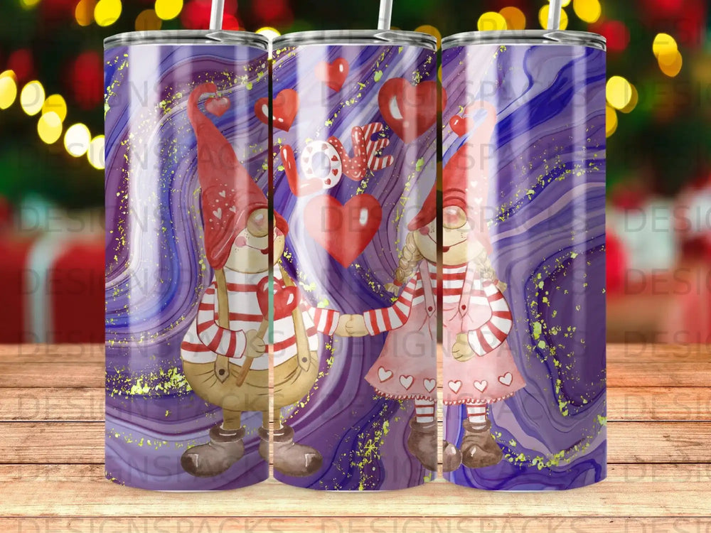 Gnomes holding hands with "LOVE" written above, surrounded by hearts on a marbled background.