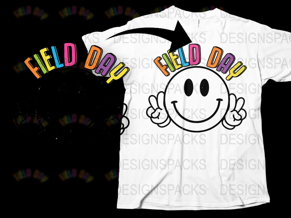 Field Day T-Shirt, Smiley Face Graphic, Colorful Letters, Unisex Casual Wear, Summer Event Tee
