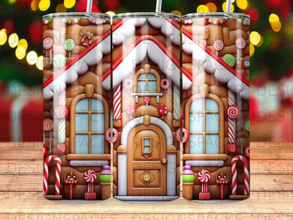 Gingerbread house tumbler with candy decorations and festive bokeh lights.