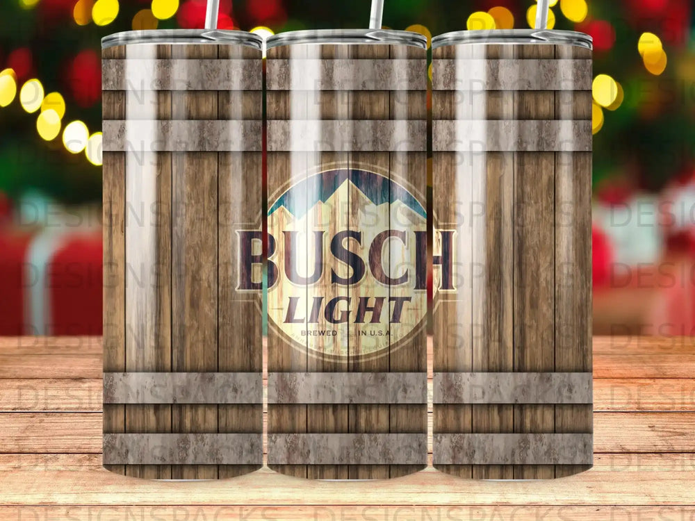 Busch Light logo on a wooden background tumbler with a straw.