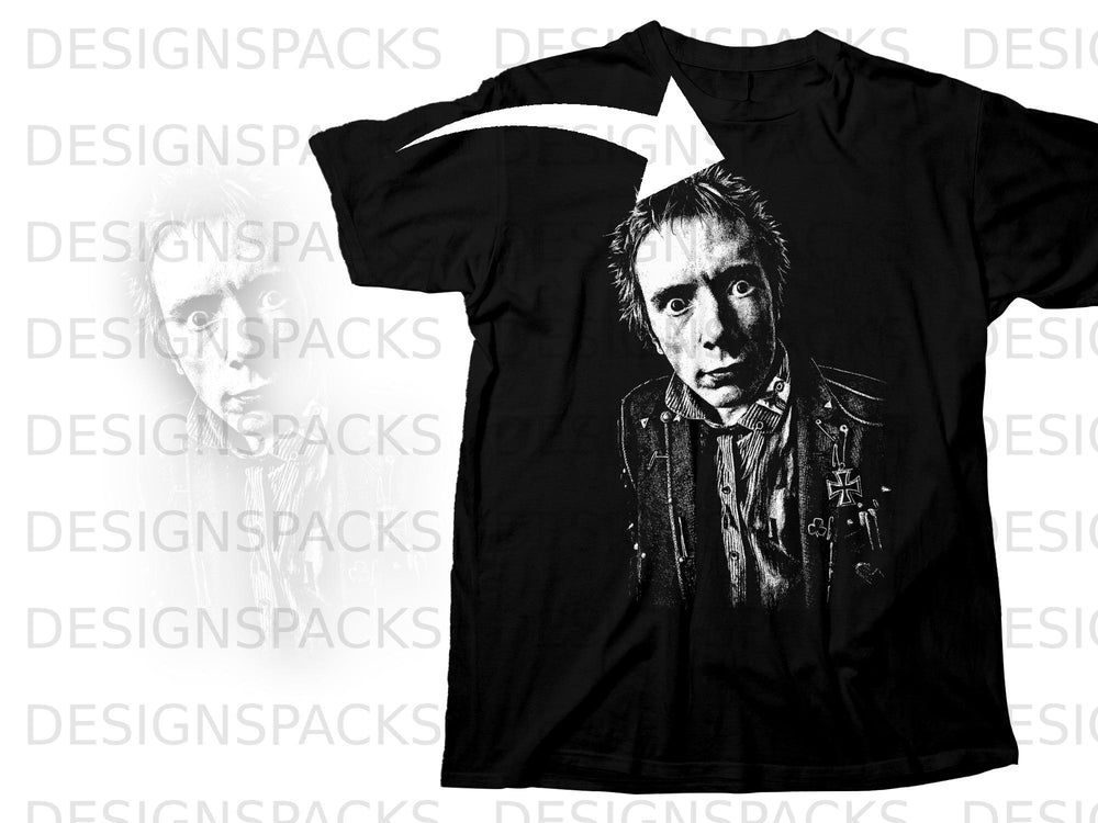 Black t-shirt with a white graphic of Sid Vicious's face and upper body.