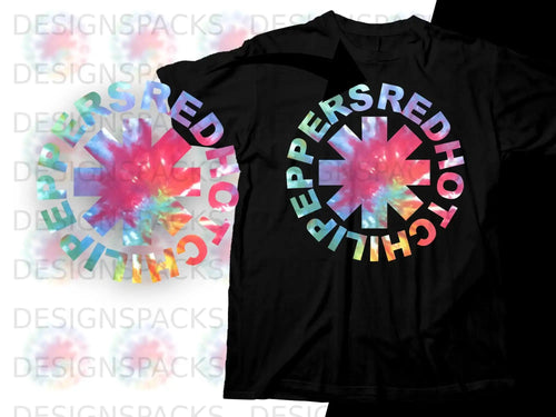 Red Hot Chili Peppers tie-dye star logo on a black t-shirt.