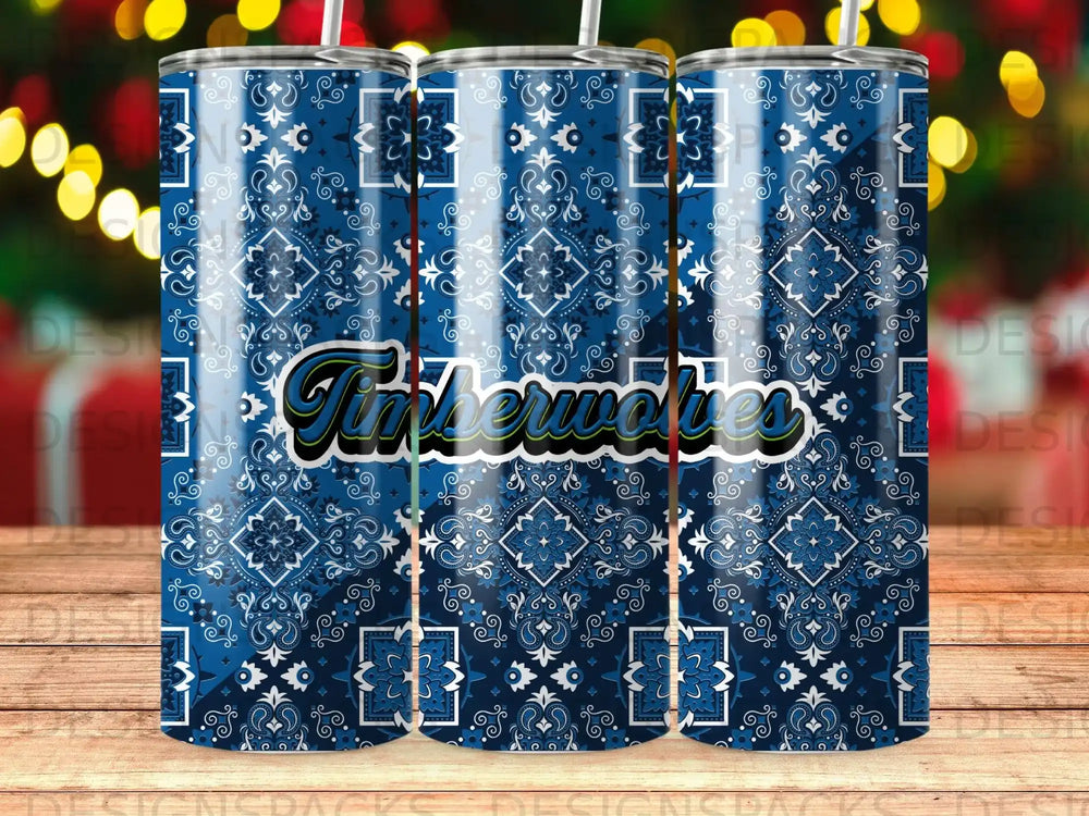 Blue bandana pattern tumbler with "Timberwolves" text.