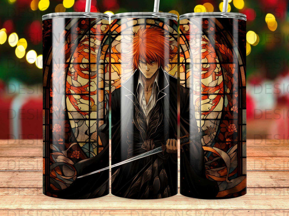 Anime character with orange hair and sword in front of stained glass.