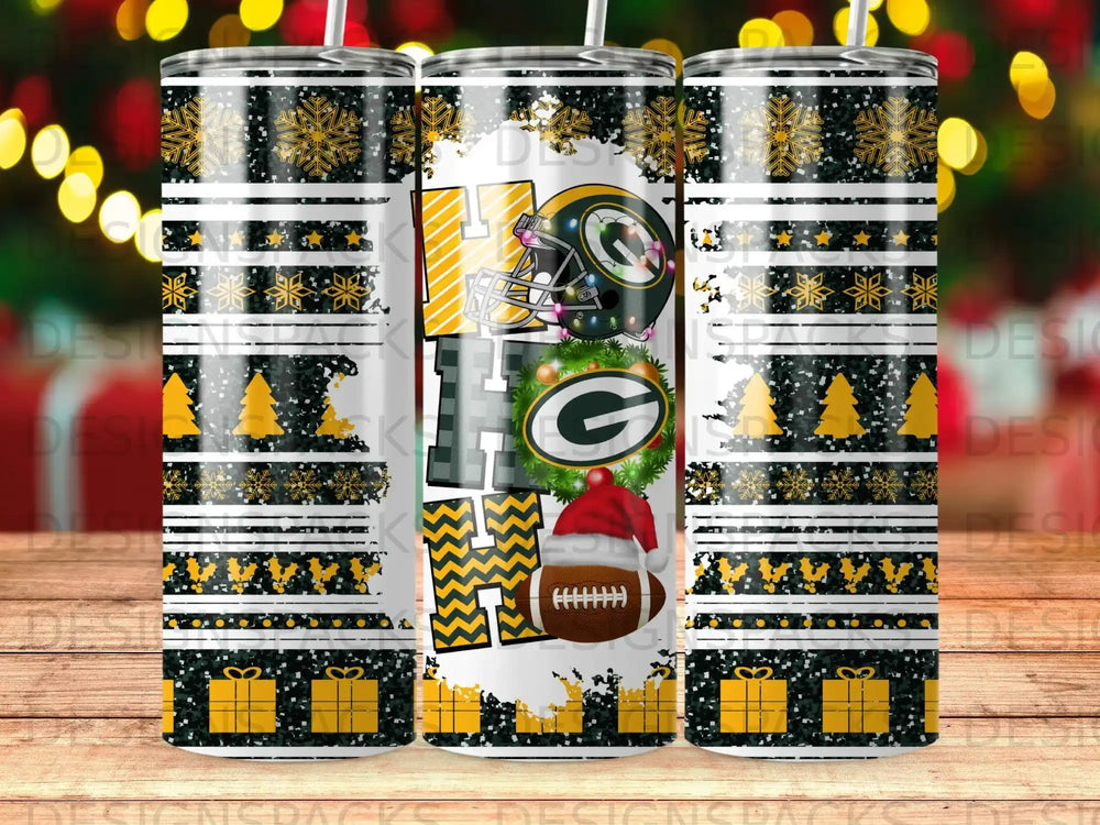 Holiday tumbler featuring Green Bay Packers logo and festive patterns.