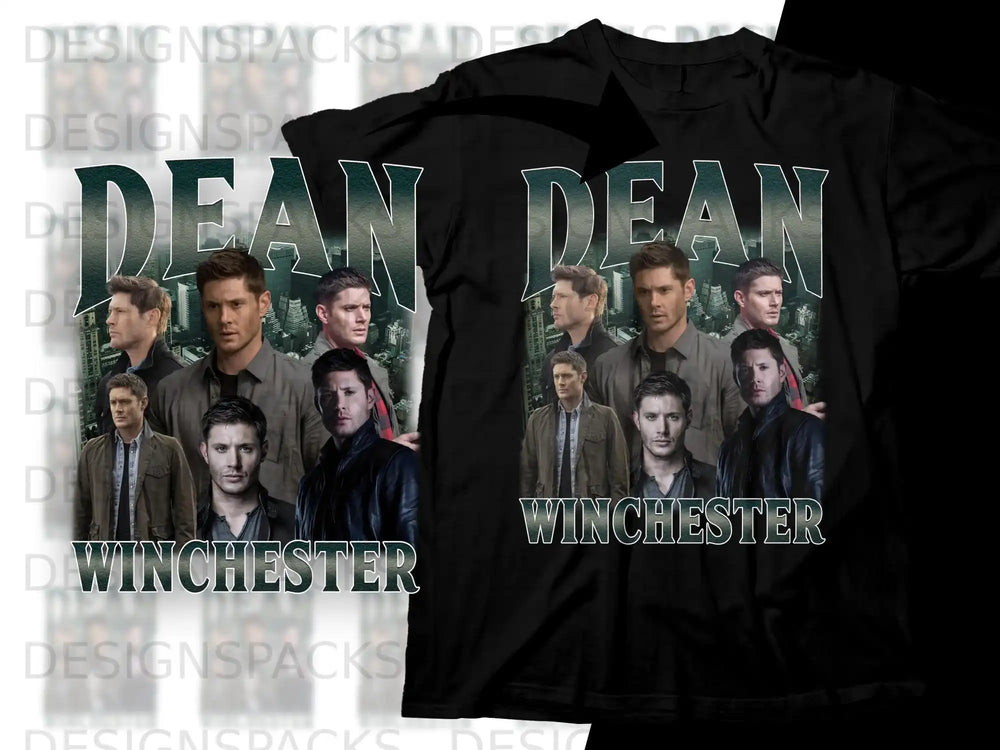 Black t-shirt featuring Dean Winchester collage with text.