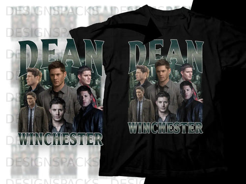 Black t-shirt featuring Dean Winchester collage with text.