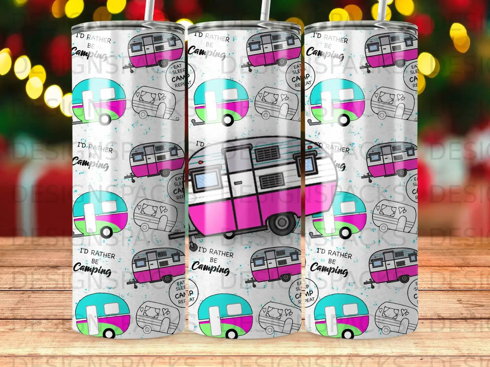 Pink and white camper trailer pattern with "I'd rather be camping" text.