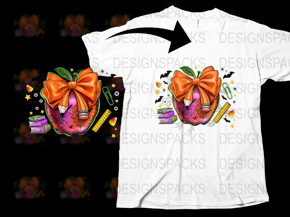Halloween Pumpkin T-Shirt, Spooky Fall Apparel, Unisex Halloween Graphic Tee, Orange Bow Holiday Shirt, Halloween Party Outfit