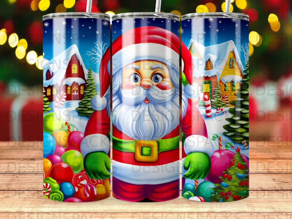 Santa Claus with candy and festive winter houses.