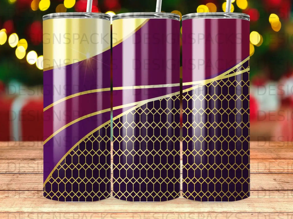 Three tumblers with a geometric purple and gold hexagonal pattern.