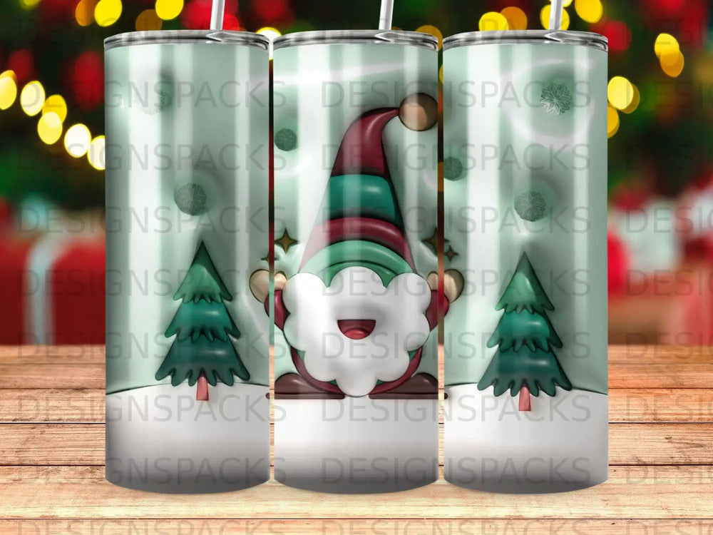 Festive gnome with Christmas trees on a mint green tumbler.