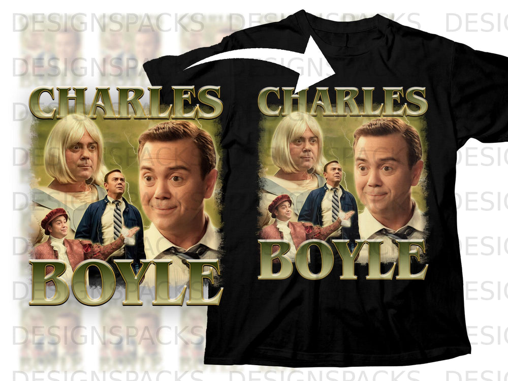 T-shirt with "CHARLES BOYLE" text and portraits of actors.