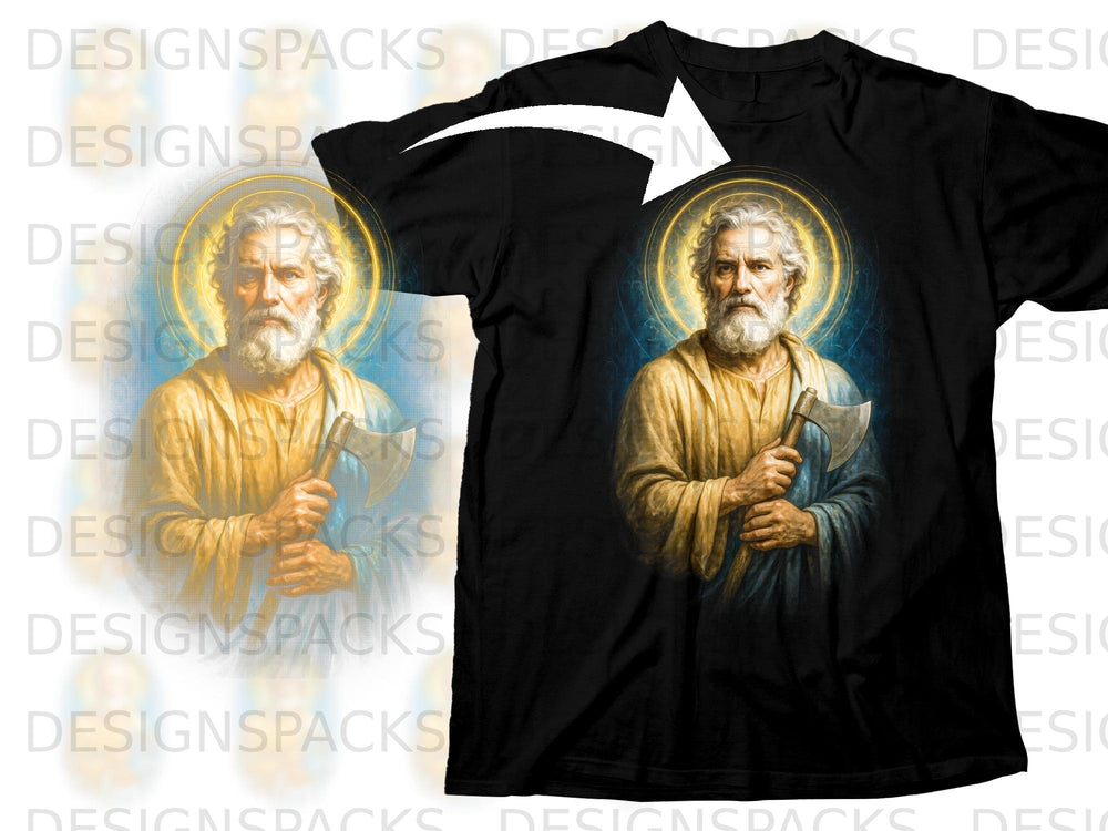 Saint Jude holding an axe, depicted on a black t-shirt.