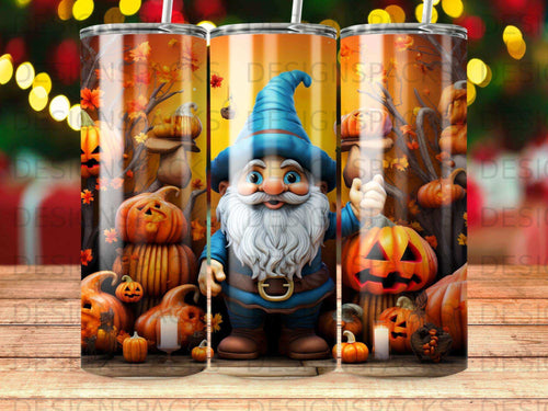 Gnome with pumpkins and autumn foliage, Halloween themed.