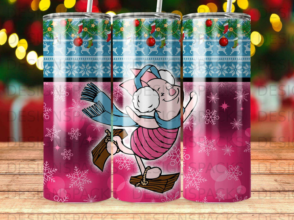 Piglet in festive pajamas slides on a wooden sled with a snowflake and reindeer pattern.