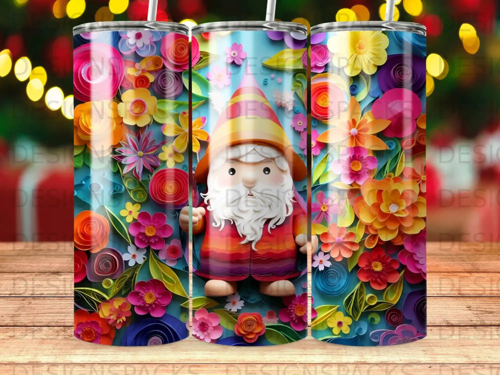 Gnome in striped outfit surrounded by colorful floral papercraft.