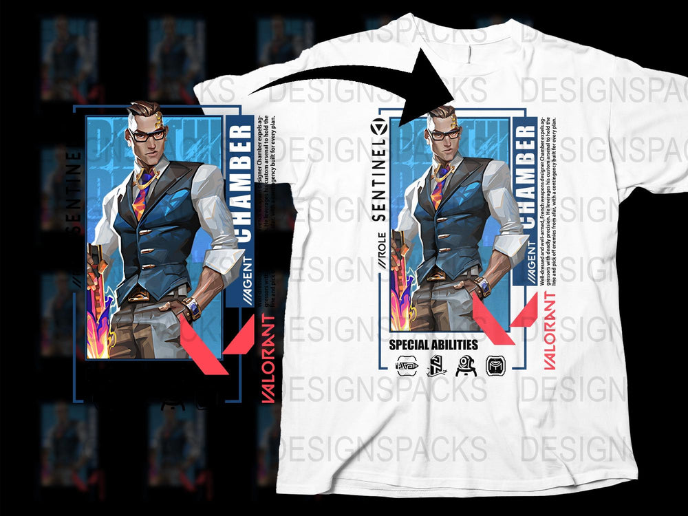 Valorant Agent Chamber Graphic T-Shirt, Stylish Gaming Tee, Men's Fashion, Cool Character Design Shirt