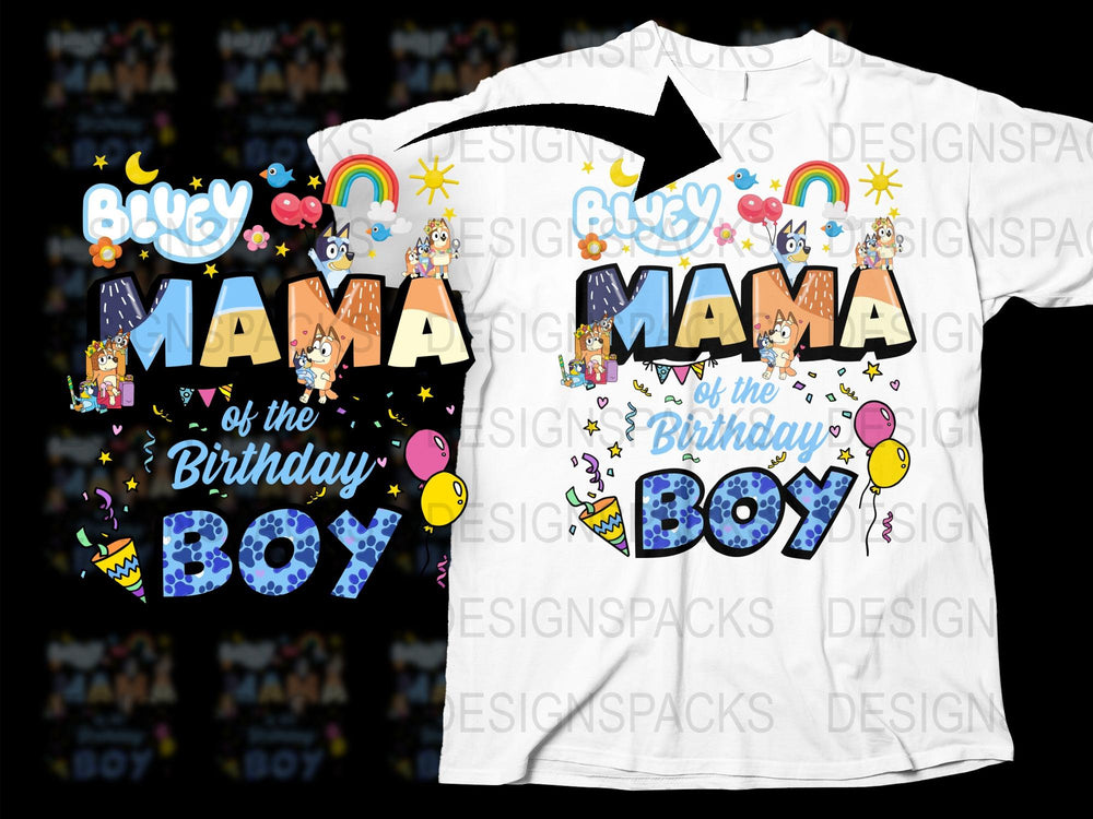 Mama of the Birthday Boy T-Shirt, Cute Family Matching Birthday Party Tee, Customizable Mom Shirt with Colorful Designs and Fun Characters.