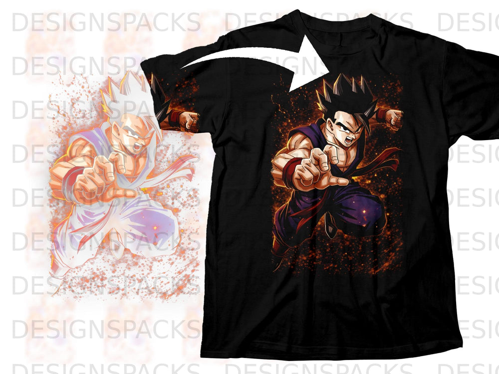 Black t-shirt with anime character Gohan in a dynamic pose with orange energy effects.