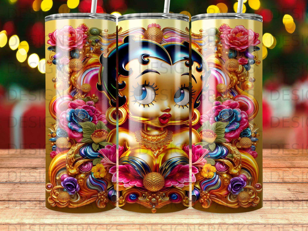 Betty Boop with floral accents and ornate gold details on a tumbler.