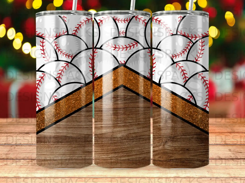 Tumbler with baseball stitching, wood grain, and glitter accents.