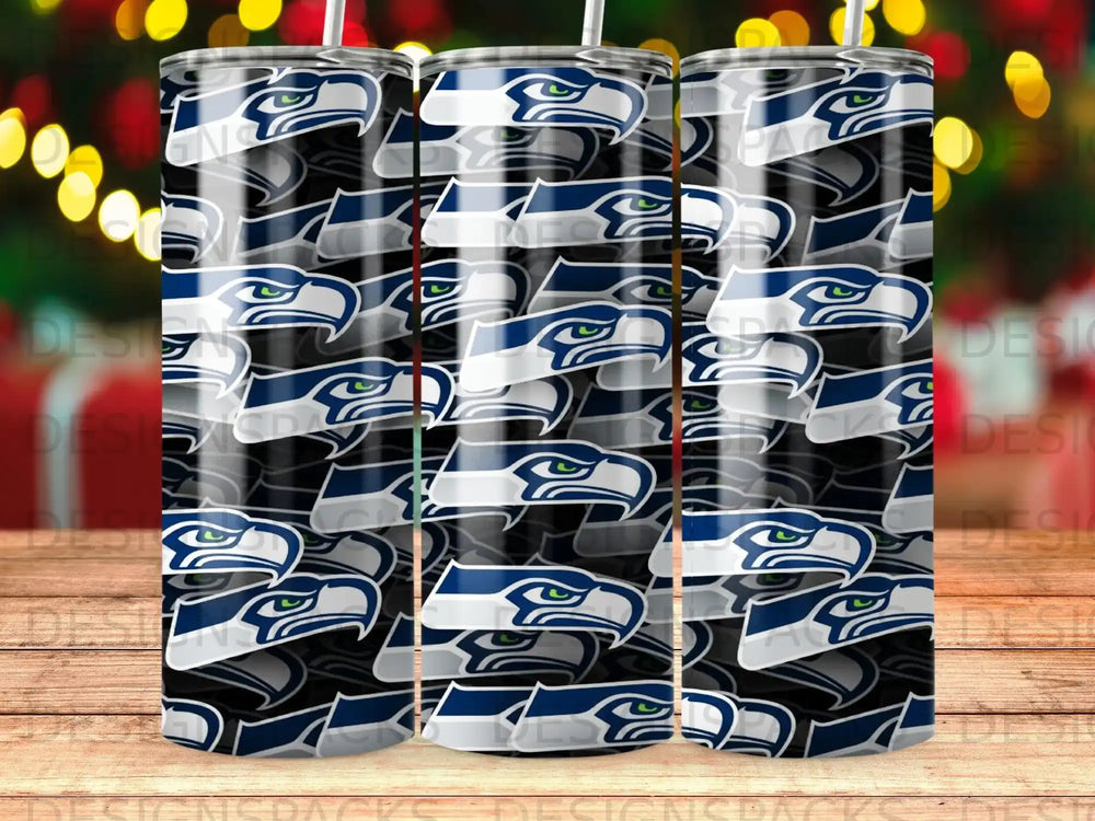 Seattle Seahawks team logo pattern on three tumblers.