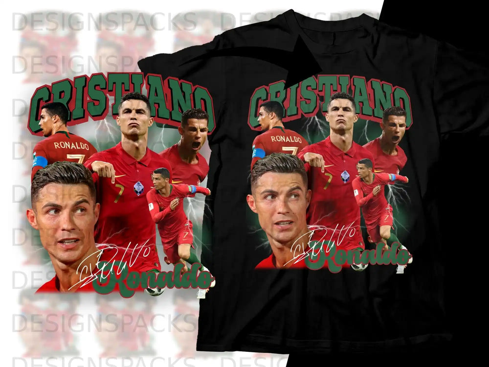Cristiano Ronaldo collage on a black t-shirt.