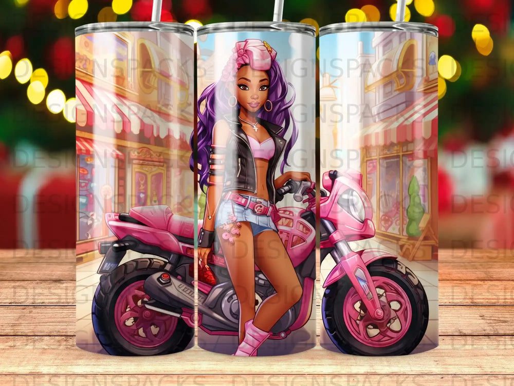 Woman with purple hair on a pink scooter in front of storefronts.