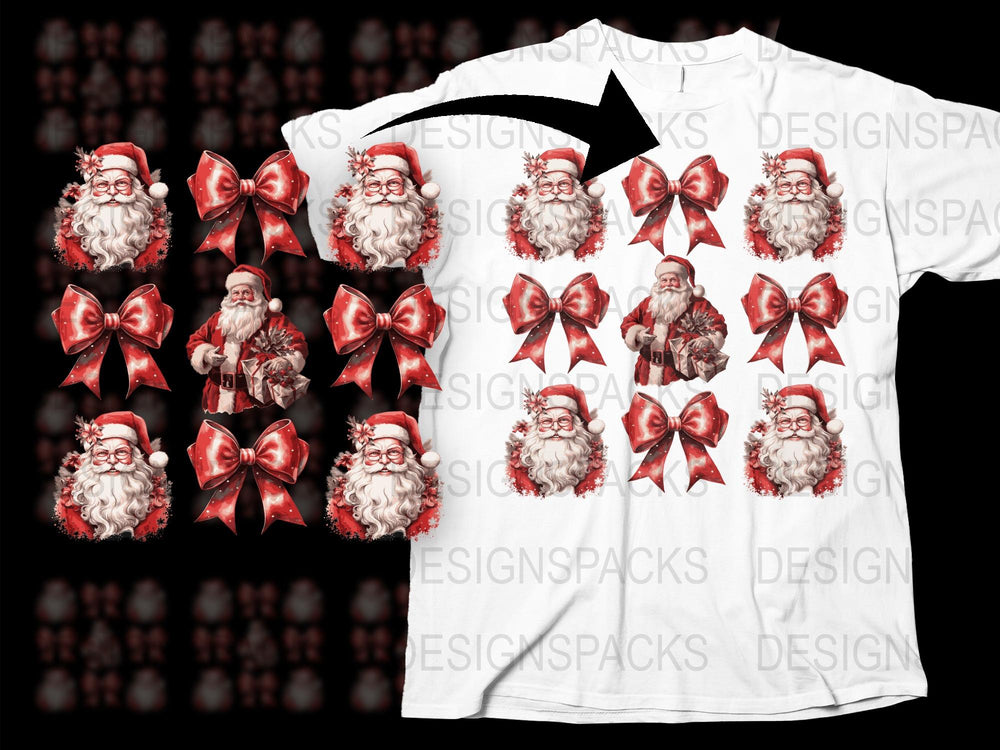 Santa Claus Graphic T-Shirt, Festive Holiday Tee with Red Bows, Christmas Santa Design, Unisex Adult Clothing