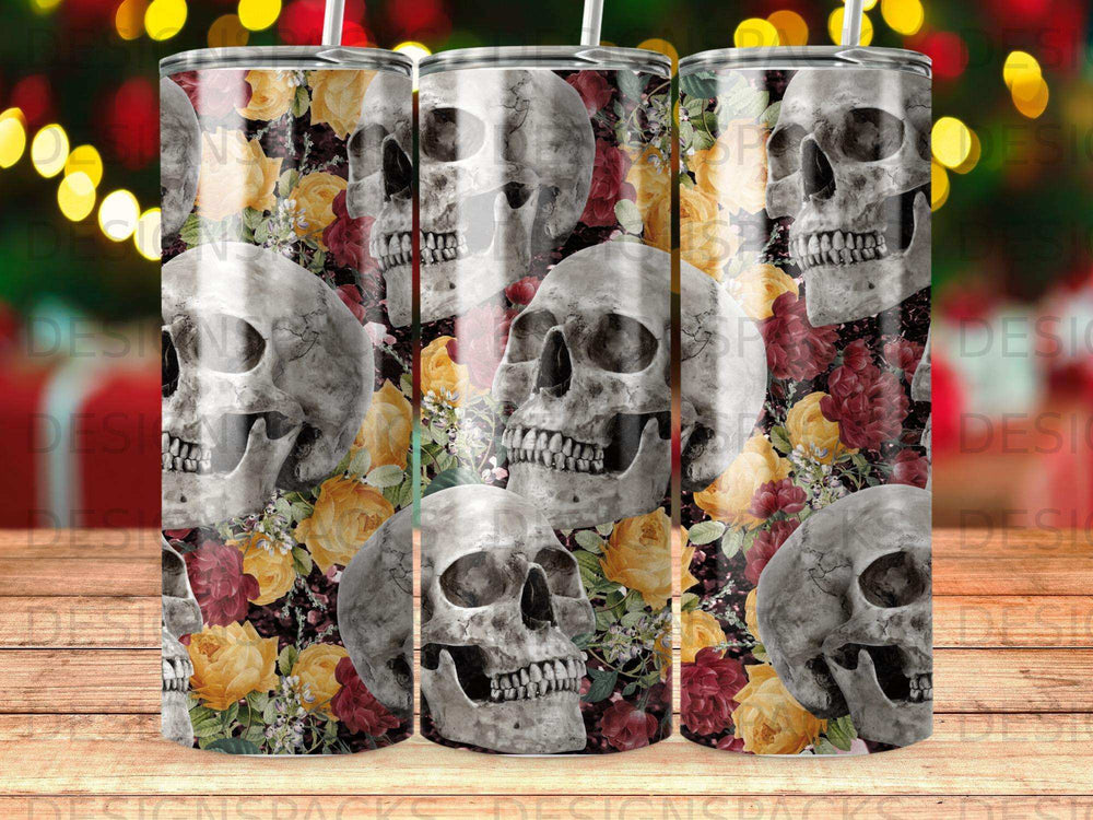 Skulls and yellow and red roses on a patterned tumbler wrap.