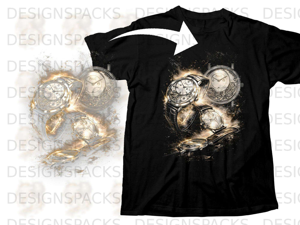 Black t-shirt with a detailed graphic of vintage Piaget watches and gears.