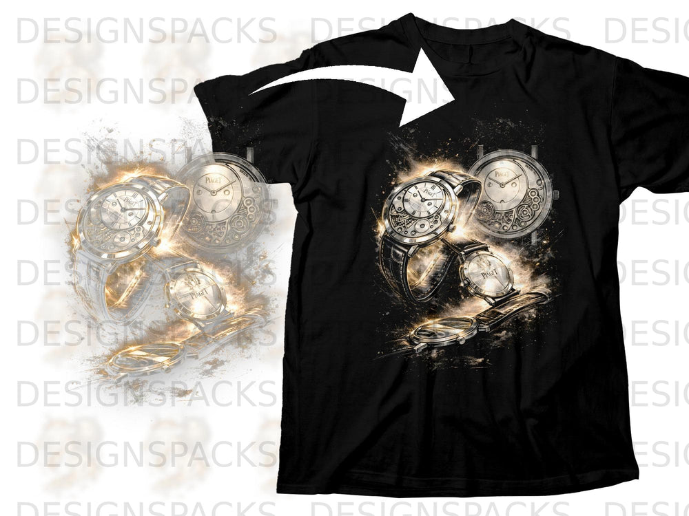 Black t-shirt with a detailed graphic of vintage Piaget watches and gears.