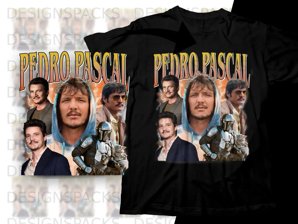 Pedro Pascal collage with Mandalorian armor and text.