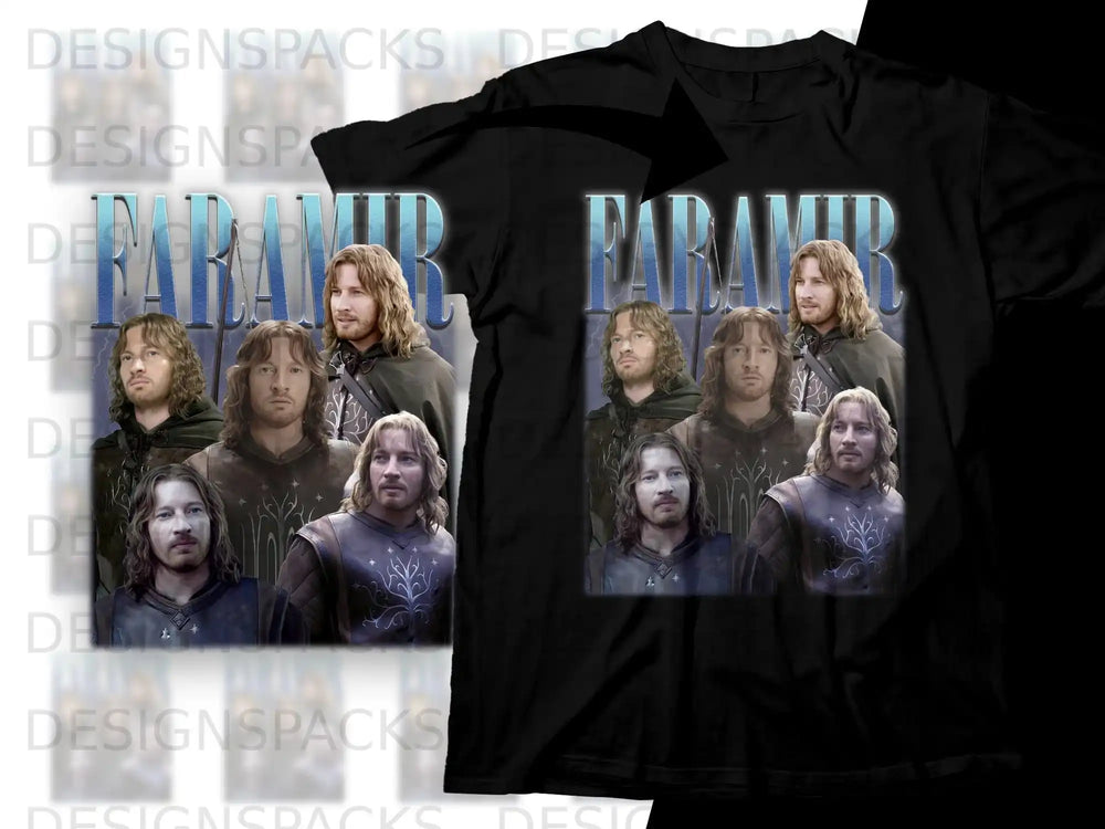 Black t-shirt with a montage of Aragorn from Lord of the Rings.