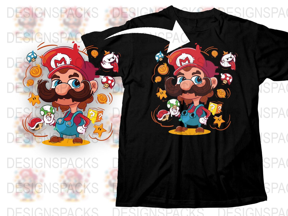 Mario Inspired T-Shirt, Fun Video Game Character Tee, Colorful Cartoon Graphics, Unisex Clothing
