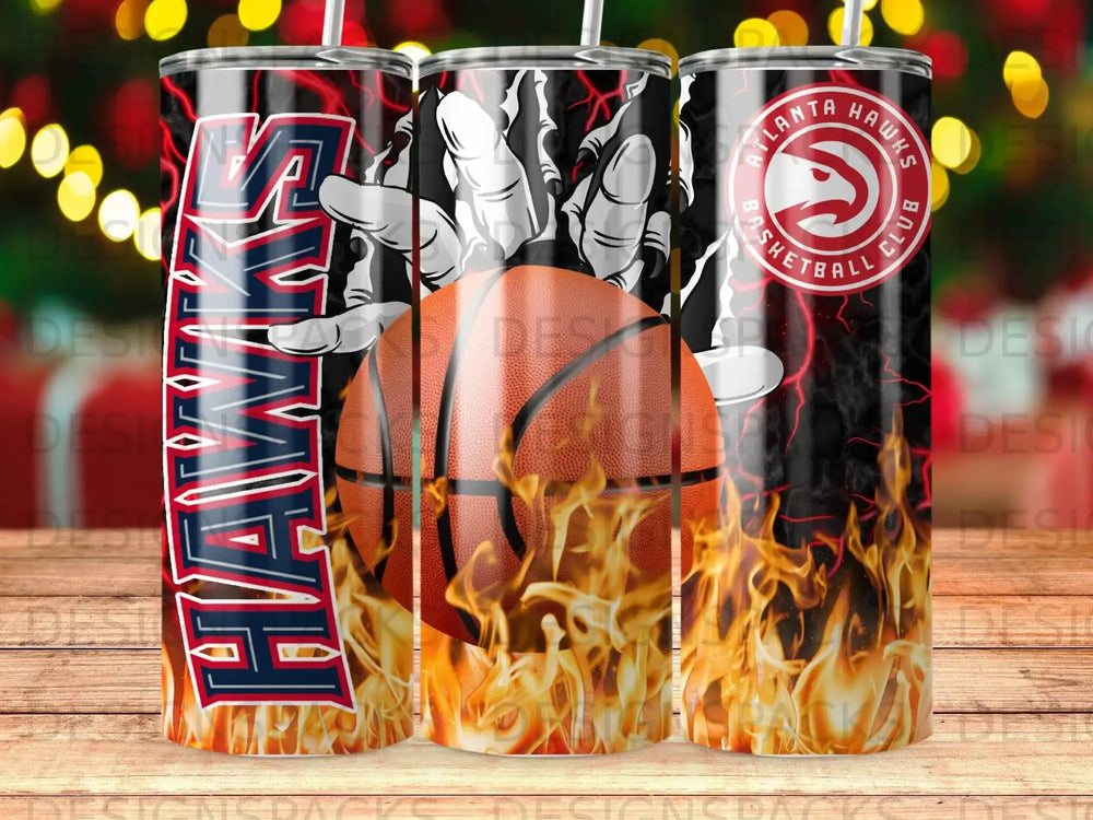 Atlanta Hawks basketball with flames and team logo on a tumbler.