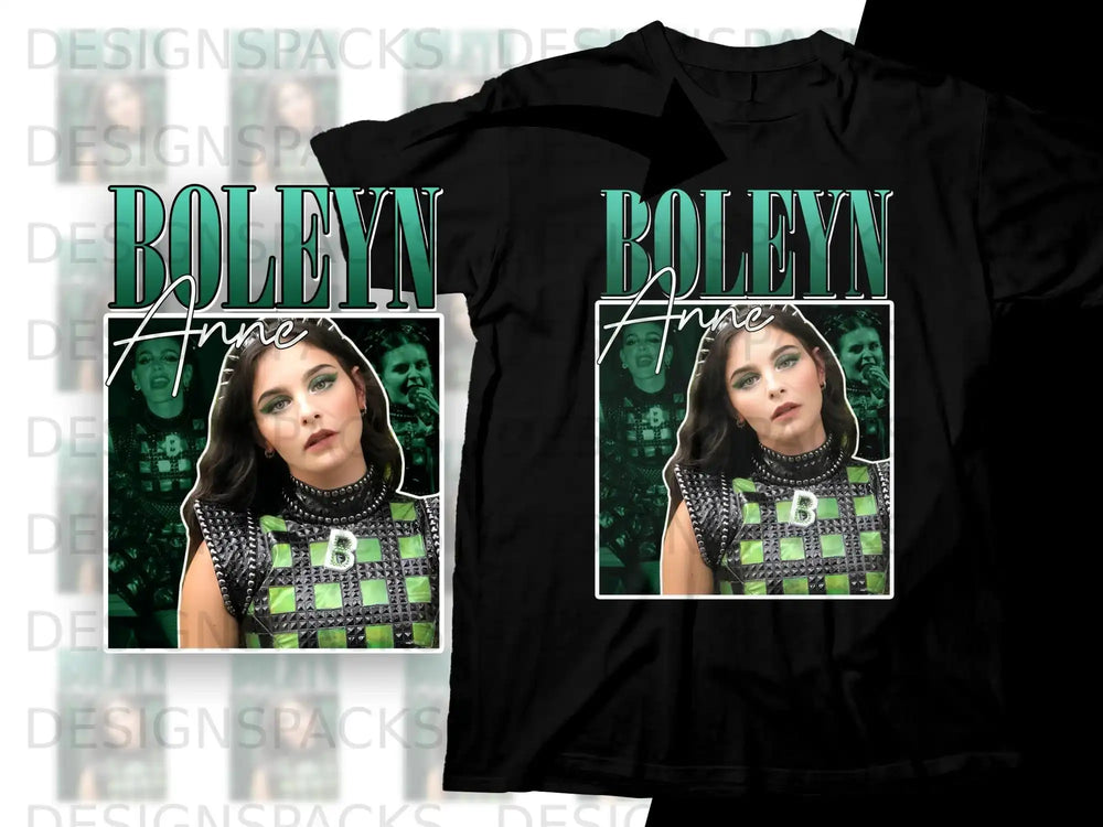 Black t-shirt with "Boleyn Anne" text and a portrait of Anne Boleyn.