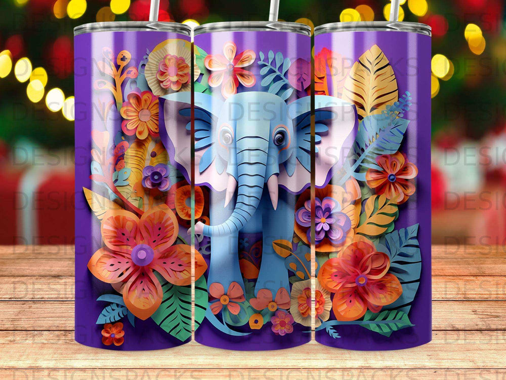 Blue elephant surrounded by colorful paper flowers and leaves on a purple background.