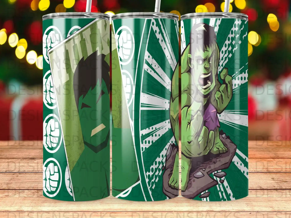 Hulk superhero character on tumbler wrap with green background.