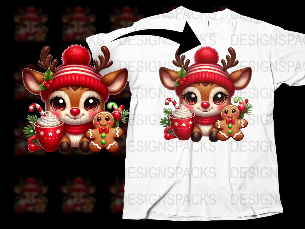 Cute Christmas Reindeer T-Shirt, Kids Holiday Graphic Tee, Festive Deer with Gingerbread Design