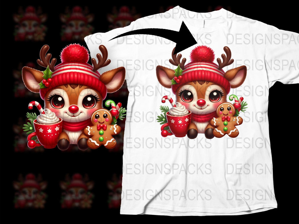 Cute Christmas Reindeer T-Shirt, Kids Holiday Graphic Tee, Festive Deer with Gingerbread Design