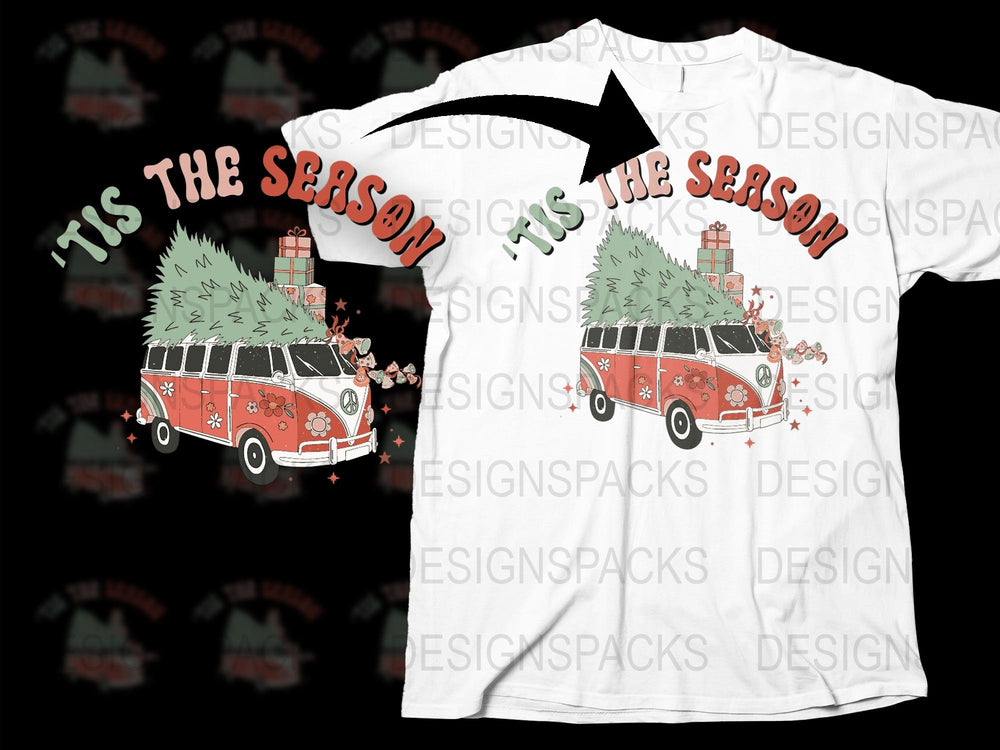 Vintage Christmas T-Shirt, Red Bus with Tree Design, Holiday Apparel, Festive Unisex Tee, Retro Style Winter Clothing, Gift Idea
