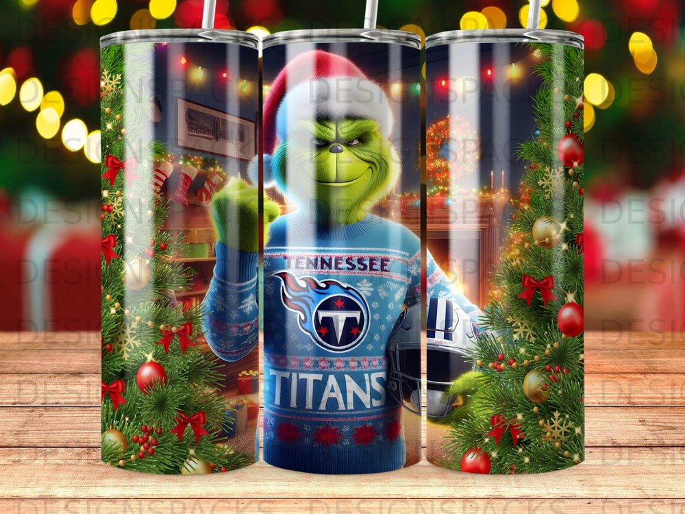 Tennessee Titans Grinch in holiday sweater with Christmas tree and football helmet.